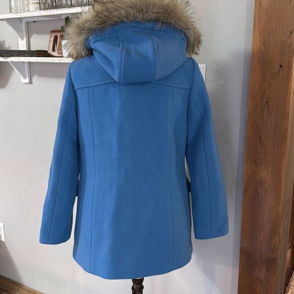 Talbots Albury wool blend faux fur hooded pea coat jacket womens size 4 blue - Picture 5 of 10